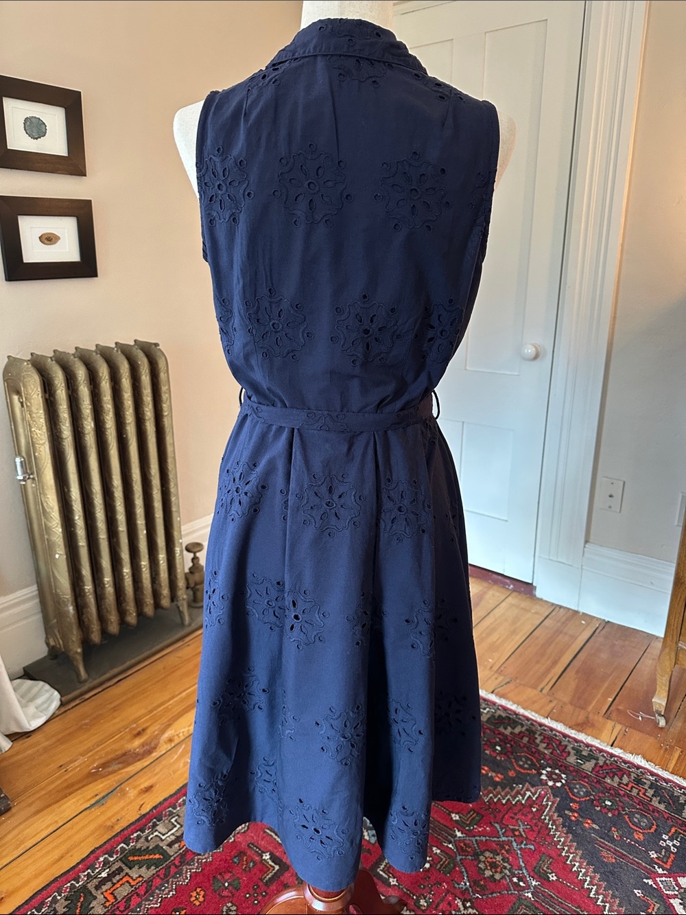 Boden Navy Sleeveless Eyelet Midi Shirtdress with Tie Waist - Picture 3 of 11